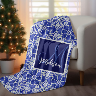 Elegant blauw grijs geometrisch naadloos monogram fleece deken