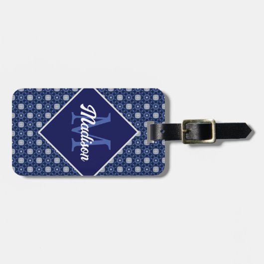 Elegant blauw grijs initiaal monogram bagagelabel (Voorkant horizontaal)