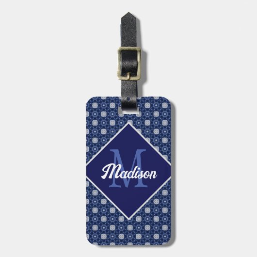 Elegant blauw grijs initiaal monogram bagagelabel (Voorkant verticaal)