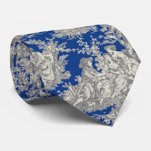 Elegant  blauw grijs toile de jouy bedrukt stropdas (Opgerold)