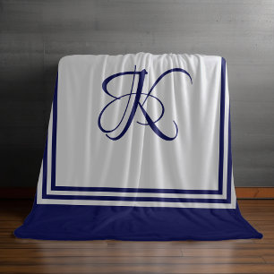 Elegant blauw grijs vierkant initiaal monogram fleece deken