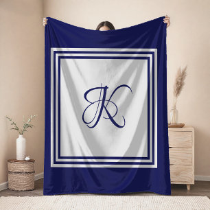 Elegant blauw grijs vierkant patroon initiaal mono fleece deken