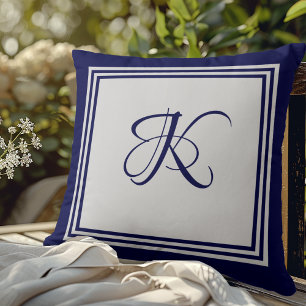 Elegant blauw-grijs vierkant patroon initiaal mono kussen