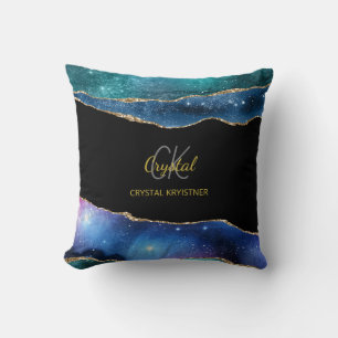Elegant blauw groen goud gemarmerd Glitter Monogra Kussen