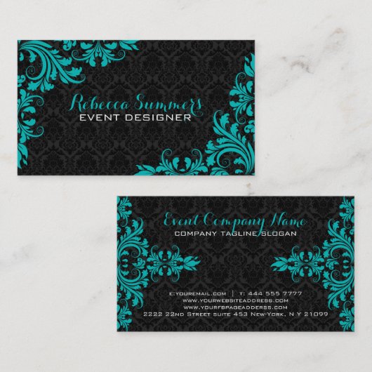 Elegant Blauw-Groen Kant Zwart Damasks Visitekaartje (Voorkant / Achterkant)