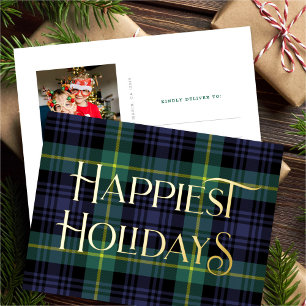 Elegant Blauw Groen Tartan Kerstfoto Zilver Folie Feestdagen Briefkaart