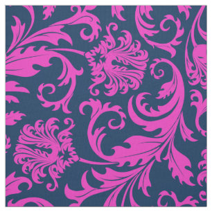Elegant Blauw & Heet Roze Bloemen Damasks Stof