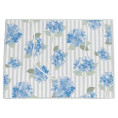 Elegant Blauw Hortensia Patroon Grijze Streep Groot Cadeauzakje (Voorkant)