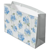 Elegant Blauw Hortensia Patroon Grijze Streep Groot Cadeauzakje (Achterkant Gekanteld)