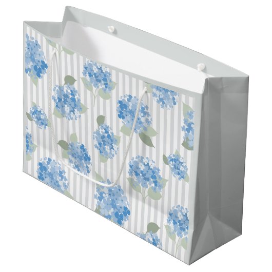 Elegant Blauw Hortensia Patroon Grijze Streep Groot Cadeauzakje (Voorkant Gekanteld)