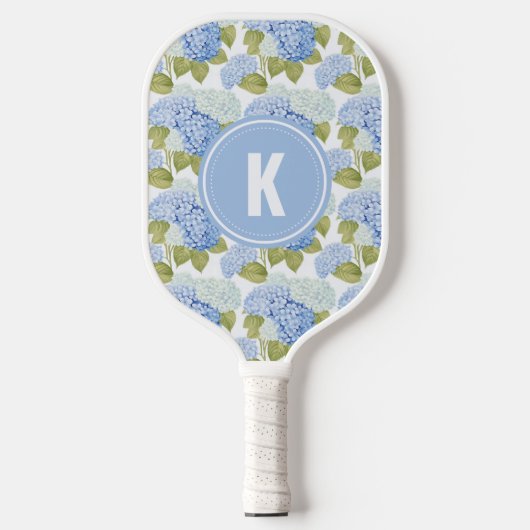 Elegant Blauw Hydragea Bloemen Patroon Monogram Pickleball Paddle (Voorkant)