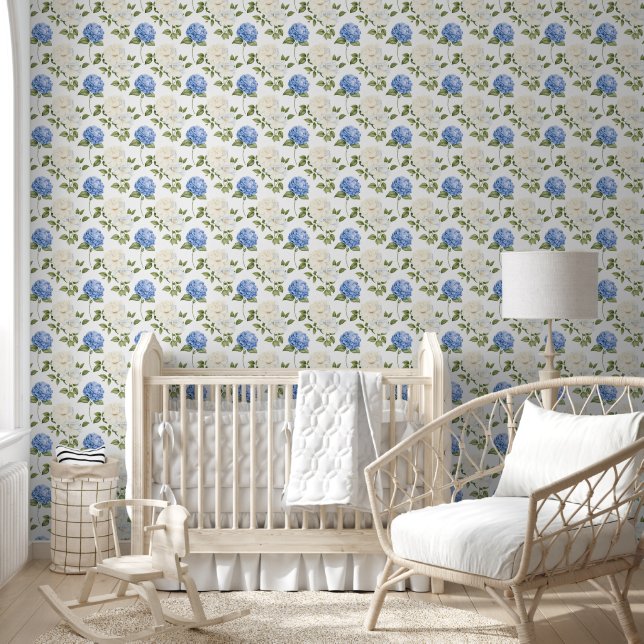 Elegant Blauw Hydrangea Bloemenpatroon Behang (Kinderen)