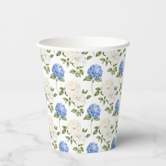 Elegant Blauw Hydrangea Bloemenpatroon  Papieren Bekers (Achterkant)