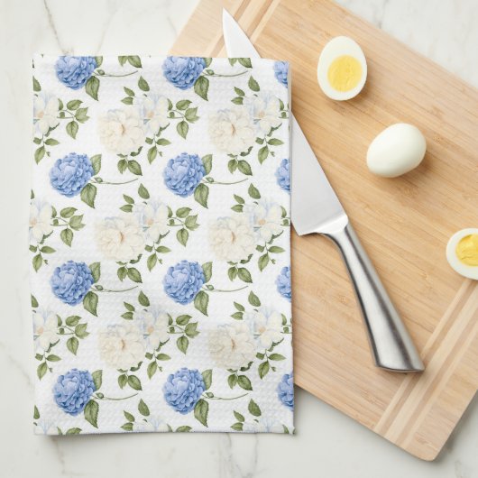 Elegant Blauw Hydrangea Bloemenpatroon Theedoek (Quarter Fold)