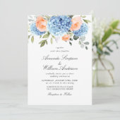 Elegant Blauw Hydrangea Blush Roze Rozen Bruiloft Kaart (Staand voorkant)
