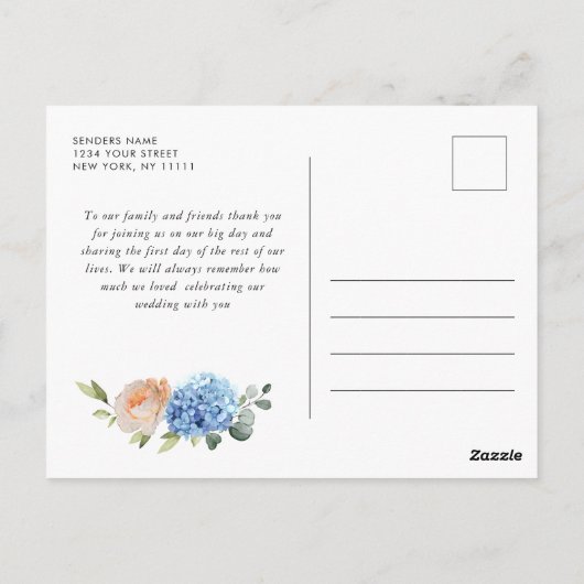 Elegant Blauw Hydrangea Blush Roze Rozen Dank u Briefkaart (Achterkant)