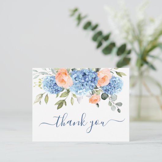 Elegant Blauw Hydrangea Blush Roze Rozen Dank u Briefkaart (Staand voorkant)
