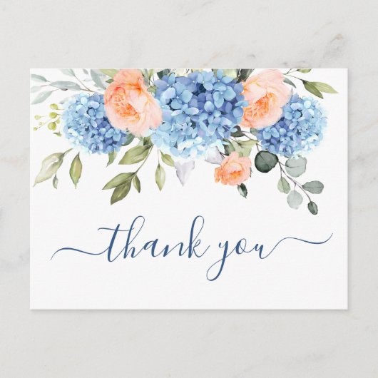 Elegant Blauw Hydrangea Blush Roze Rozen Dank u Briefkaart (Voorkant)