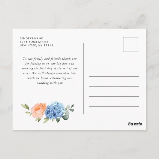 Elegant Blauw Hydrangea Blush Roze Rozen Dank u Briefkaart (Achterkant)