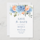 Elegant Blauw Hydrangea Blush Rozen Bloemenbruilof Save The Date (Voorkant)