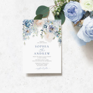 Elegant Blauw Hydrangea & Blush Rozen Bruiloft Kaart