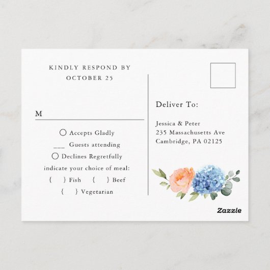 Elegant Blauw Hydrangea Blush Rozen Bruiloft RSVP Briefkaart (Achterkant)