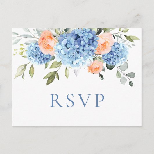 Elegant Blauw Hydrangea Blush Rozen Bruiloft RSVP Briefkaart (Voorkant)