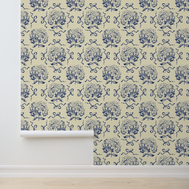 Elegant  Blauw Hydrangea Bow Pattern Behang (Applicatie)
