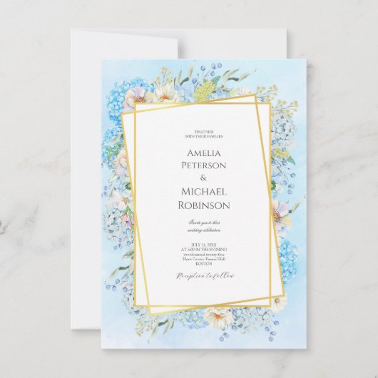 Elegant Blauw Hydrangea Bruiloft Kaart (Voorkant)