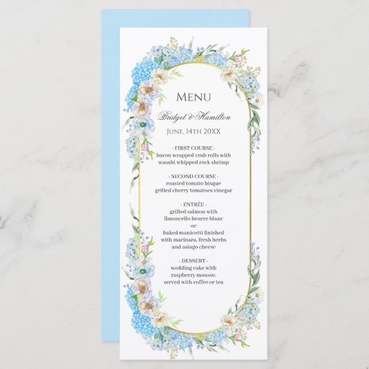 Elegant Blauw Hydrangea Bruiloft Menu (Voorkant / Achterkant)