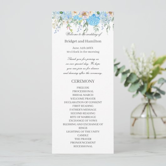 Elegant Blauw Hydrangea Bruiloft Programma (Staand voorkant)