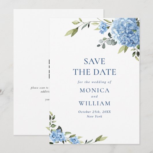 Elegant Blauw Hydrangea Bruiloft QR-code Foto Save The Date (Voorkant / Achterkant)