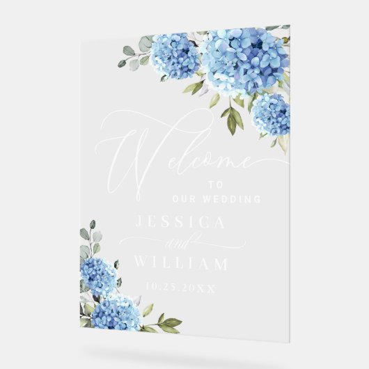 Elegant Blauw Hydrangea Eucalyptus BRUILOFT Welkom Acryl Bord (Hoek)