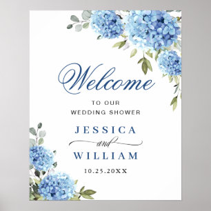 Elegant Blauw Hydrangea Eucalyptus Bruiloft Welkom Poster