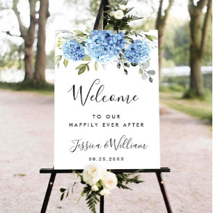 Elegant Blauw Hydrangea Eucalyptus Bruiloft Welkom Poster