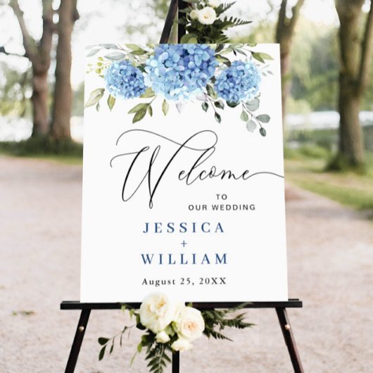 Elegant Blauw Hydrangea Eucalyptus Bruiloft Welkom Poster