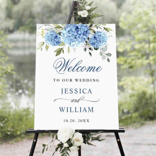 Elegant Blauw Hydrangea Eucalyptus Bruiloft Welkom Poster