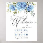 Elegant Blauw Hydrangea Eucalyptus Bruiloft Welkom Poster (Voorkant)