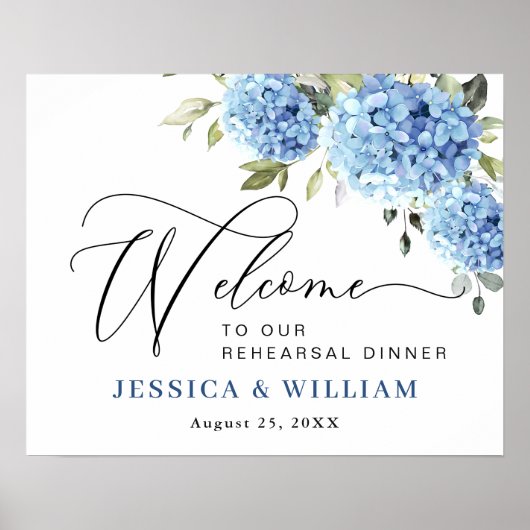 Elegant Blauw Hydrangea Eucalyptus REHEARSAL DINER Poster (Voorkant)