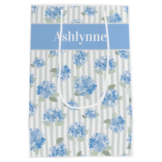 Elegant Blauw Hydrangea Patroon Grijze Streep Naam Medium Cadeauzakje (Achterkant)