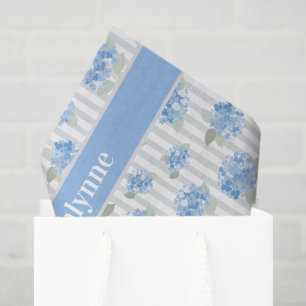 Elegant Blauw Hydrangea Patroon Grijze Streep Naam Tissuepapier
