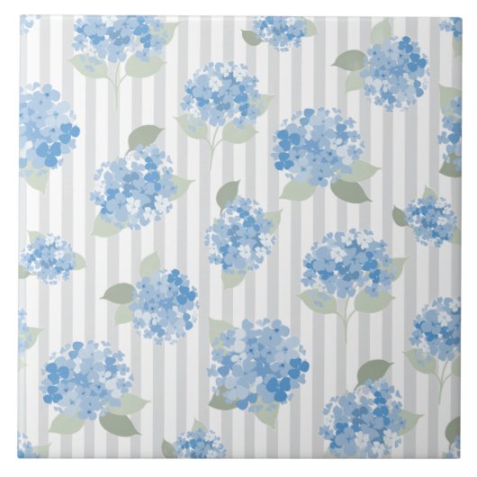 Elegant Blauw Hydrangea Patroon Grijze Streep Tegeltje (Voorkant)