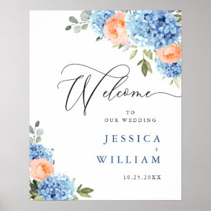 Elegant Blauw Hydrangea Roze Blush Rozen Bruiloft Poster