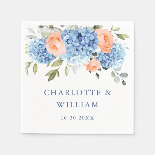 Elegant Blauw Hydrangea Roze Blush Rozen Bruiloft Servet (Voorkant)