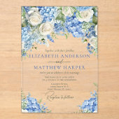 Elegant Blauw Hydrangea Witte Rozen Bloemen Bruilo Acryl Uitnodigingen (Voorkant)