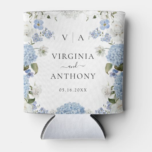 Elegant Blauw Hydrangea Witte Rozen Bloemen Bruilo Blikjeskoeler (Voorkant)
