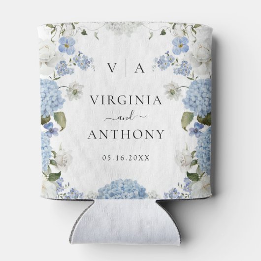 Elegant Blauw Hydrangea Witte Rozen Bloemen Bruilo Blikjeskoeler (Achterkant)