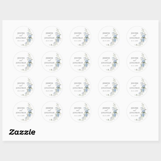 Elegant Blauw Hydrangea Witte Rozen Bloemen Bruilo Ronde Sticker (Vel)