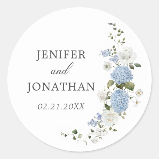Elegant Blauw Hydrangea Witte Rozen Bloemen Bruilo Ronde Sticker (Voorkant)