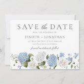 Elegant Blauw Hydrangea Witte Rozen Bloemen Bruilo Save The Date (Voorkant)
